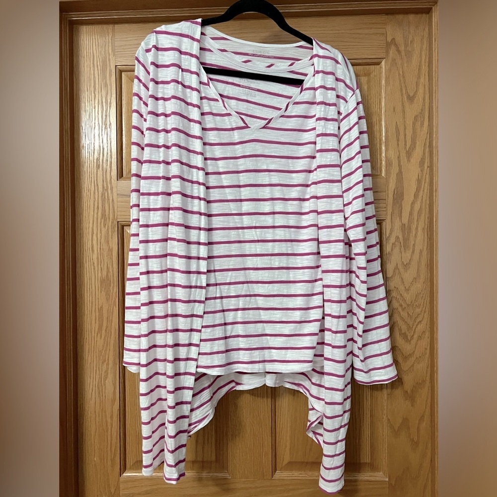 Chico cotton blend cardigan with tank, size 3 (XL), white/fuschia stripes
